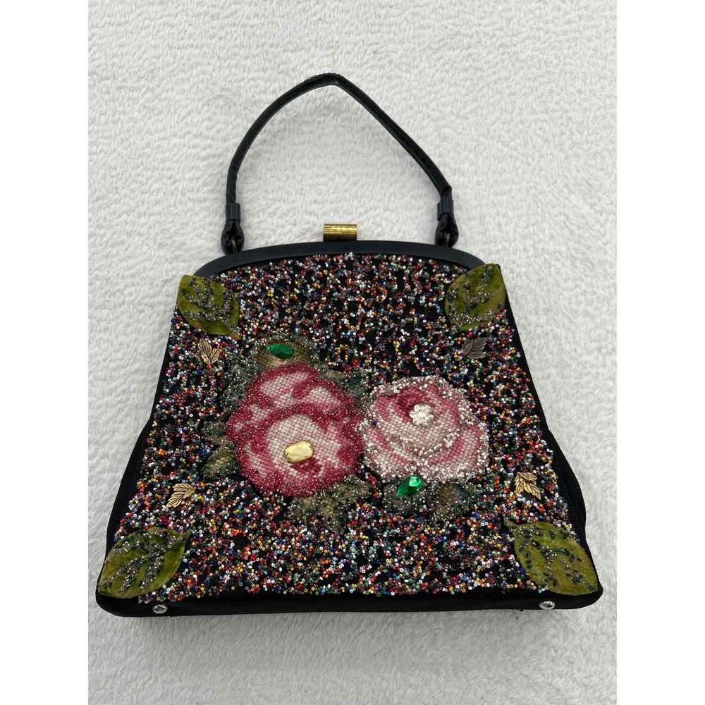 Vintage Soure Bag New York Beaded Floral Handbag Black Pink Rose Gold Clasp